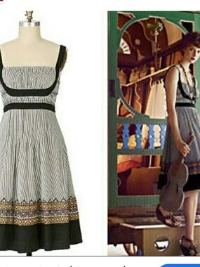 Lithe Anthropologie Fiddler’s Song Striped Black & White Midi Embroidered Dress